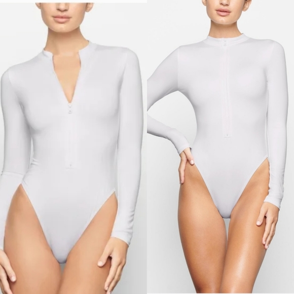 SKIMS Other - Skims | Marble White Front Zip Long Sleeve One Piece Swimsuit NEW